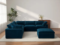 Deluxe Cloud 5-Seater Dark Blue Sofa Set | 6-Piece (Includes 1 Ottoman), Velvet Fabric, Living Room, Washable Cushion Covers
