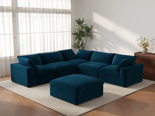 Deluxe Cloud 5-Seater Dark Blue Sofa Set | 6-Piece (Includes 1 Ottoman), Velvet Fabric, Living Room, Washable Cushion Covers