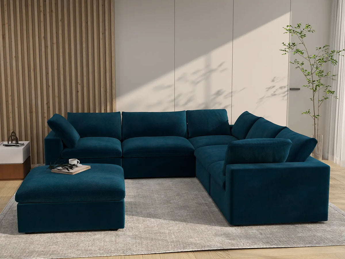 Deluxe Cloud 5-Seater Dark Blue Sofa Set | 6-Piece (Includes 1 Ottoman), Velvet Fabric, Living Room, Washable Cushion Covers