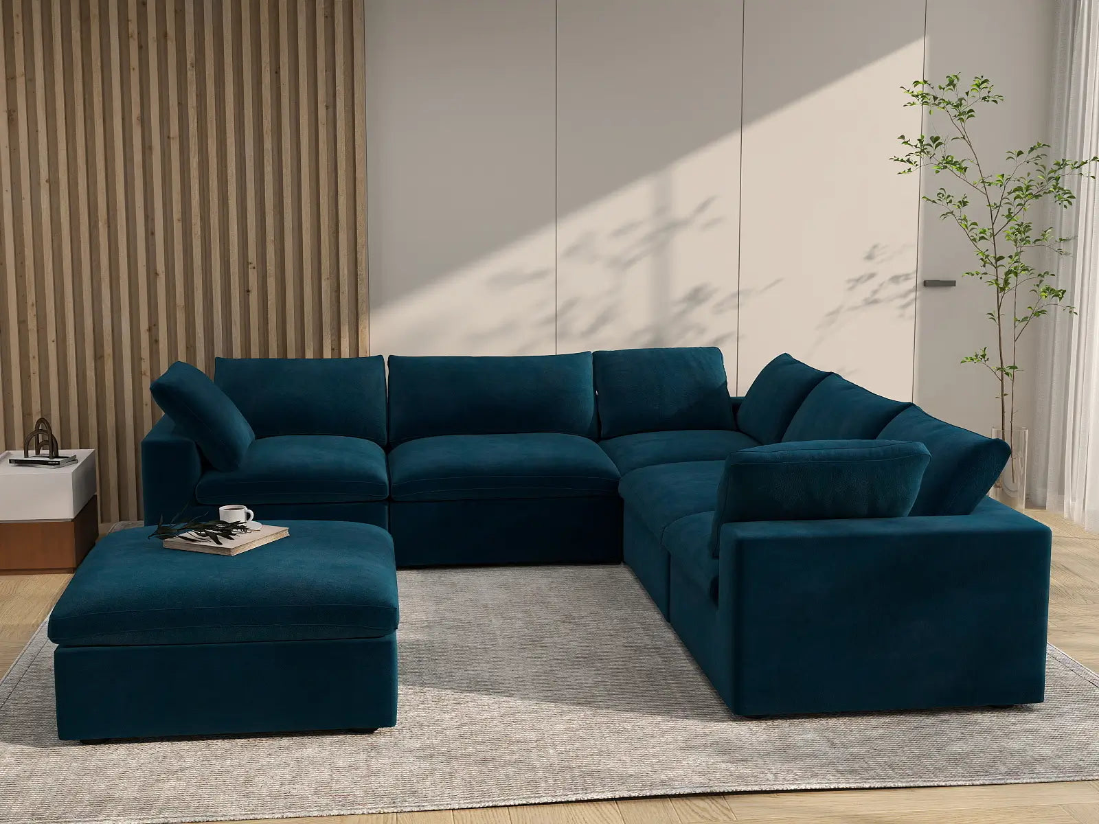Deluxe Cloud 5-Seater Dark Blue Sofa Set | 6-Piece (Includes 1 Ottoman), Velvet Fabric, Living Room, Washable Cushion Covers