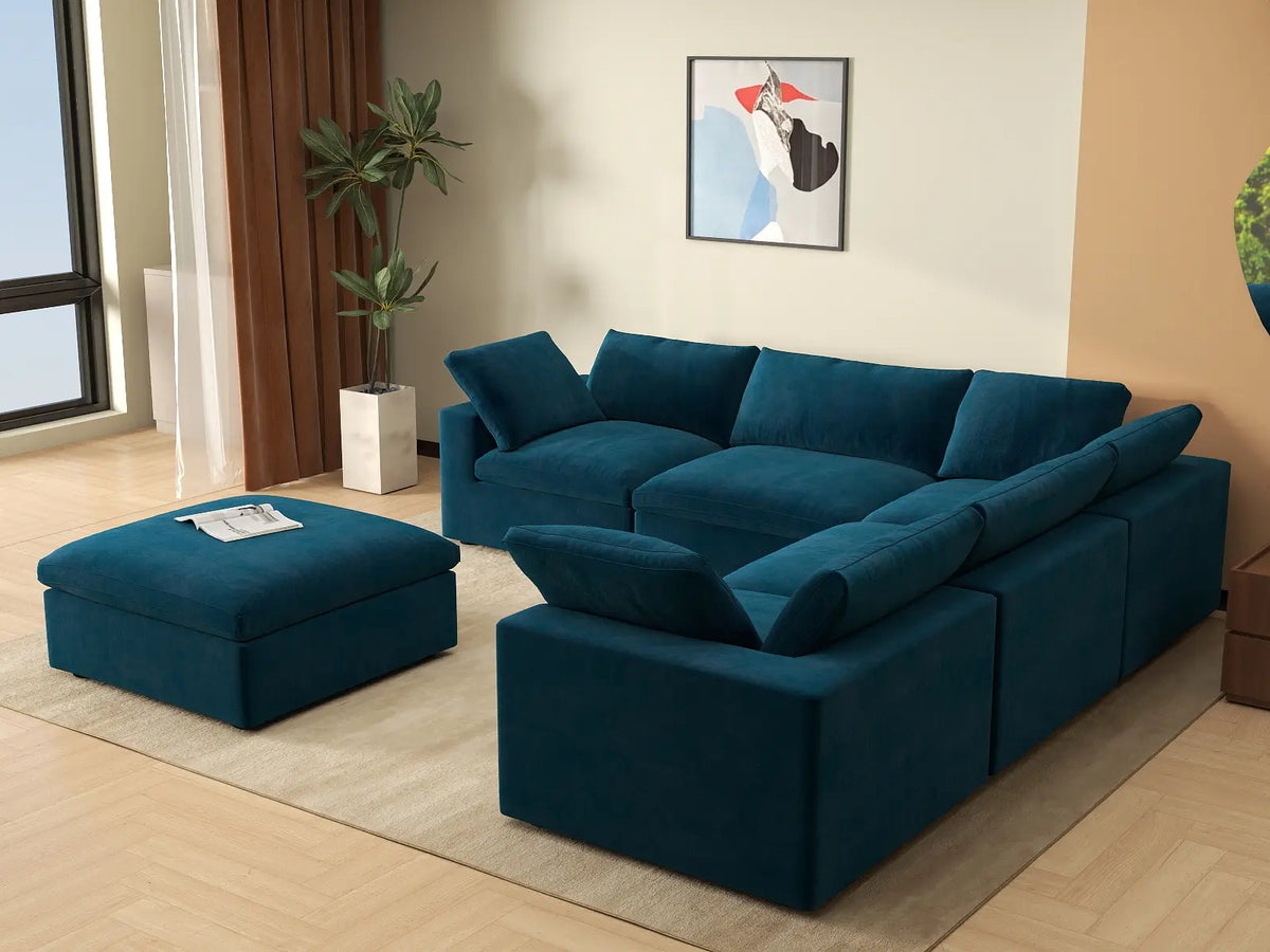 Deluxe Cloud 5-Seater Dark Blue Sofa Set | 6-Piece (Includes 1 Ottoman), Velvet Fabric, Living Room, Washable Cushion Covers