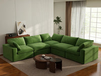 Deluxe Cloud 5-Seater Earth Green V-Shaped Sectional | 5-Piece, Velvet Fabric, Living Room Seating, Washable Cushion Covers