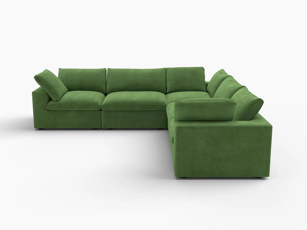 Deluxe Cloud 5-Seater Earth Green V-Shaped Sectional | 5-Piece, Velvet Fabric, Living Room Seating, Washable Cushion Covers