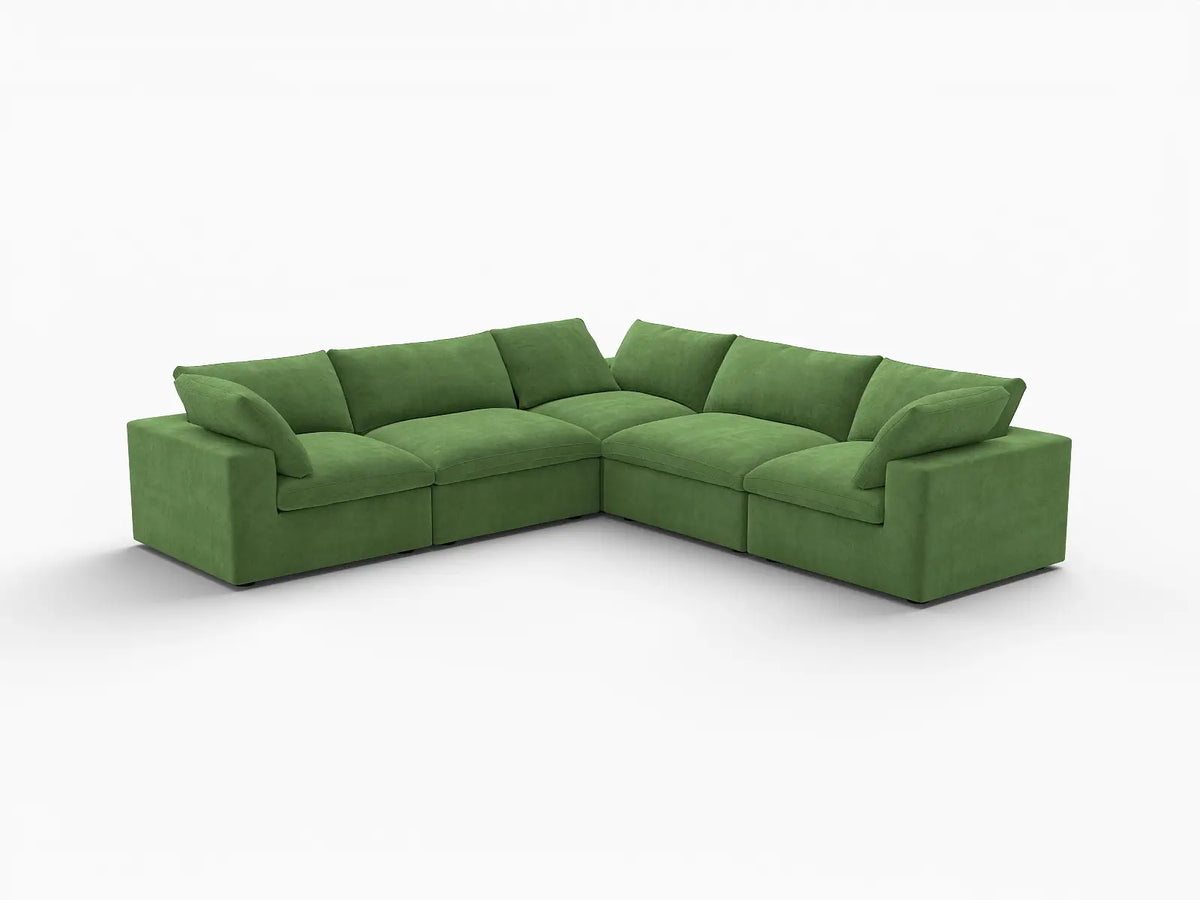 Deluxe Cloud 5-Seater Earth Green V-Shaped Sectional | 5-Piece, Velvet Fabric, Living Room Seating, Washable Cushion Covers