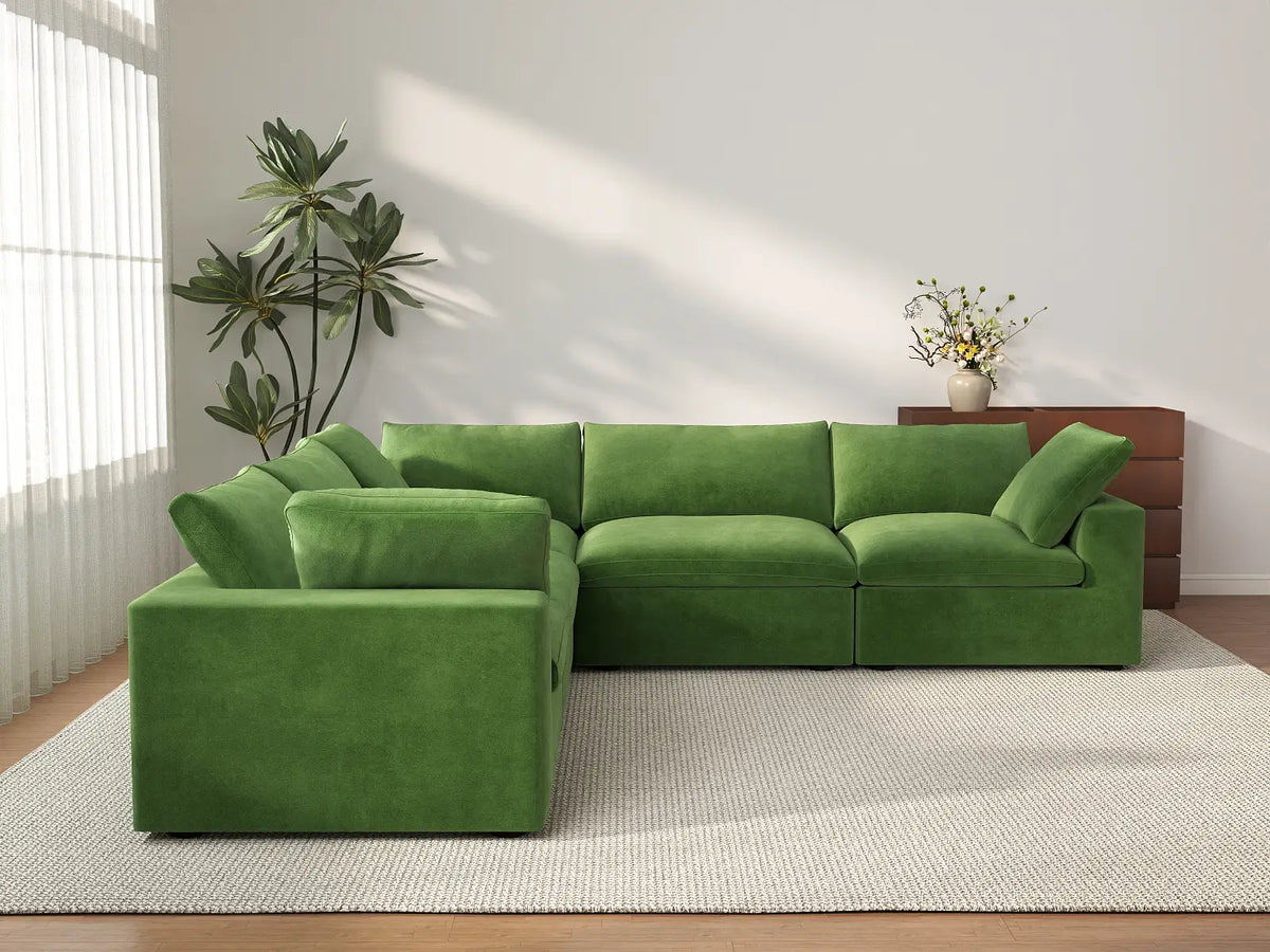 Deluxe Cloud 5-Seater Earth Green V-Shaped Sectional | 5-Piece, Velvet Fabric, Living Room Seating, Washable Cushion Covers