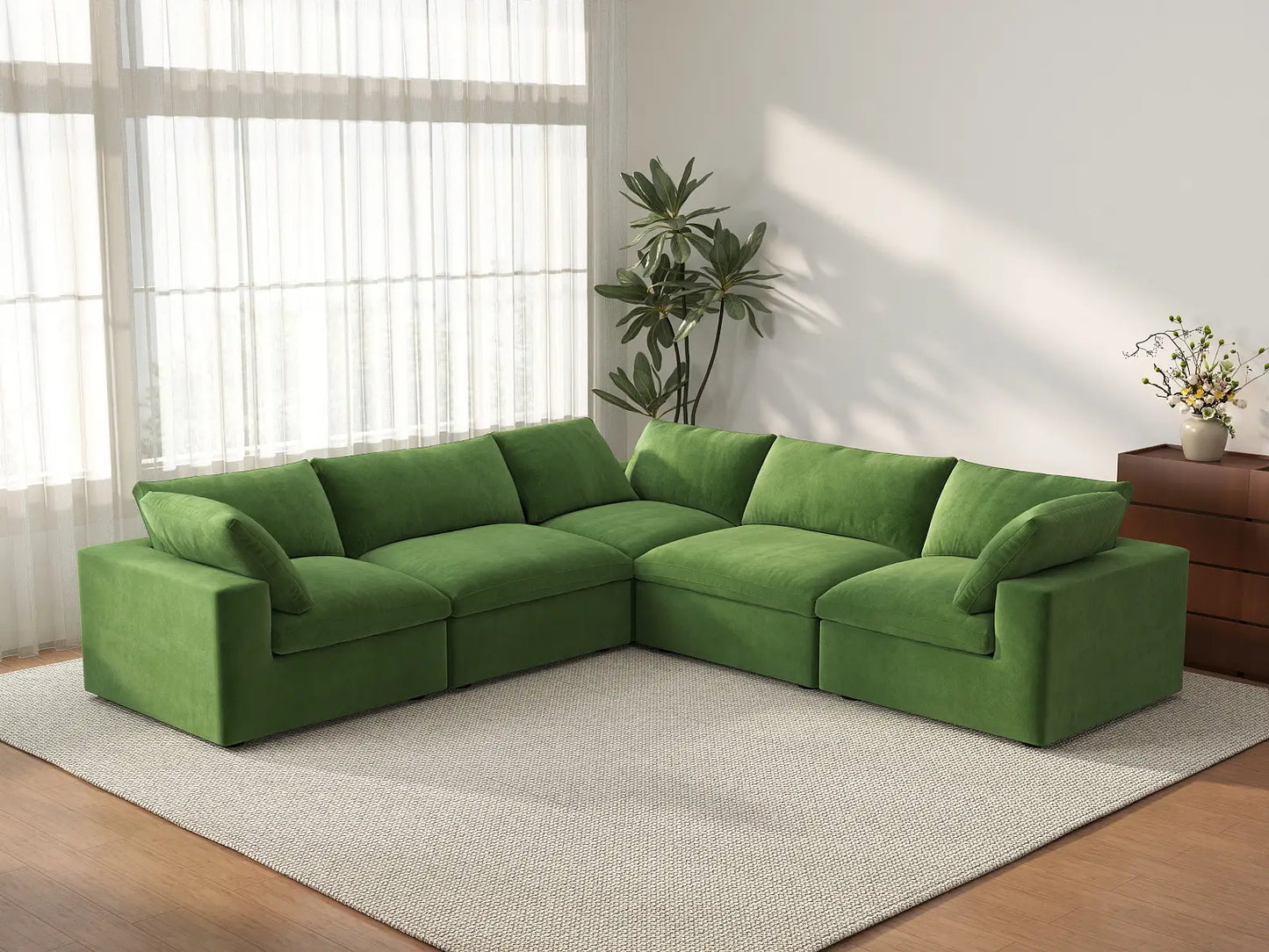 Deluxe Cloud 5-Seater Earth Green V-Shaped Sectional | 5-Piece, Velvet Fabric, Living Room Seating, Washable Cushion Covers