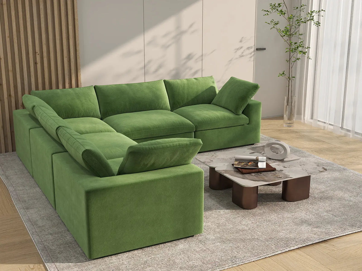 Deluxe Cloud 5-Seater Earth Green V-Shaped Sectional | 5-Piece, Velvet Fabric, Living Room Seating, Washable Cushion Covers