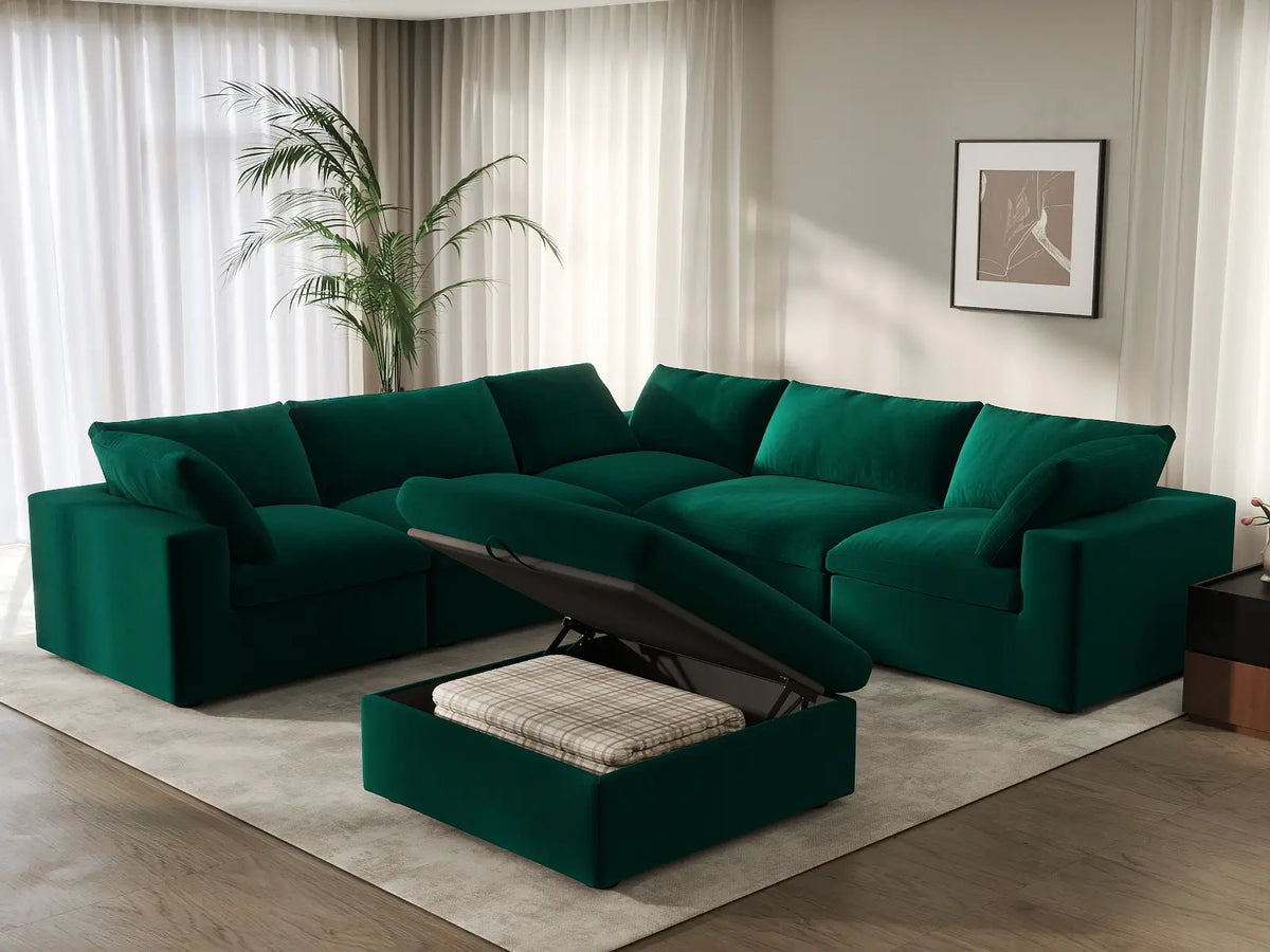 Deluxe Cloud 5-Seater Gem Green Sofa Set | 6-Piece (Includes 1 Ottoman), Velvet Fabric, Living Room, Washable Cushion Covers