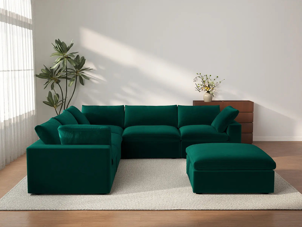 Deluxe Cloud 5-Seater Gem Green Sofa Set | 6-Piece (Includes 1 Ottoman), Velvet Fabric, Living Room, Washable Cushion Covers
