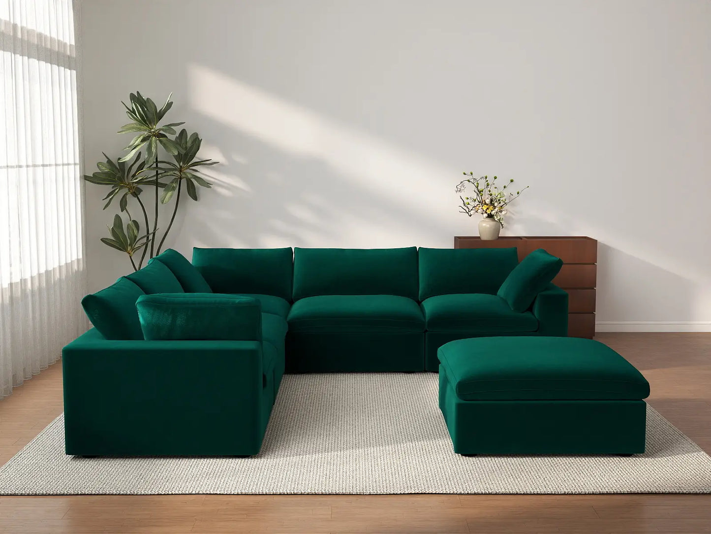 Deluxe Cloud 5-Seater Gem Green Sofa Set | 6-Piece (Includes 1 Ottoman), Velvet Fabric, Living Room, Washable Cushion Covers