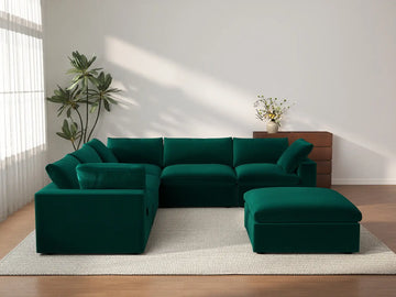 Deluxe Cloud 5-Seater Gem Green Sofa Set | 6-Piece (Includes 1 Ottoman), Velvet Fabric, Living Room, Washable Cushion Covers
