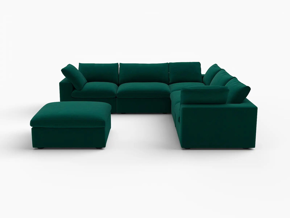 Deluxe Cloud 5-Seater Gem Green Sofa Set | 6-Piece (Includes 1 Ottoman), Velvet Fabric, Living Room, Washable Cushion Covers