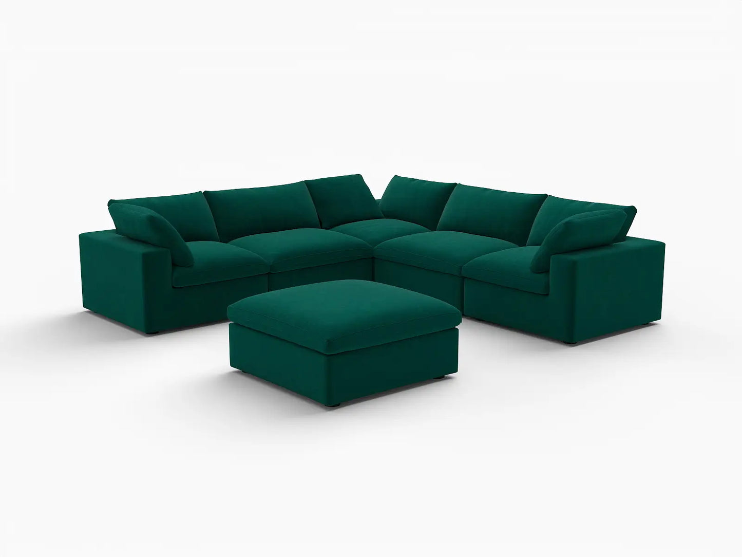 Deluxe Cloud 5-Seater Gem Green Sofa Set | 6-Piece (Includes 1 Ottoman), Velvet Fabric, Living Room, Washable Cushion Covers