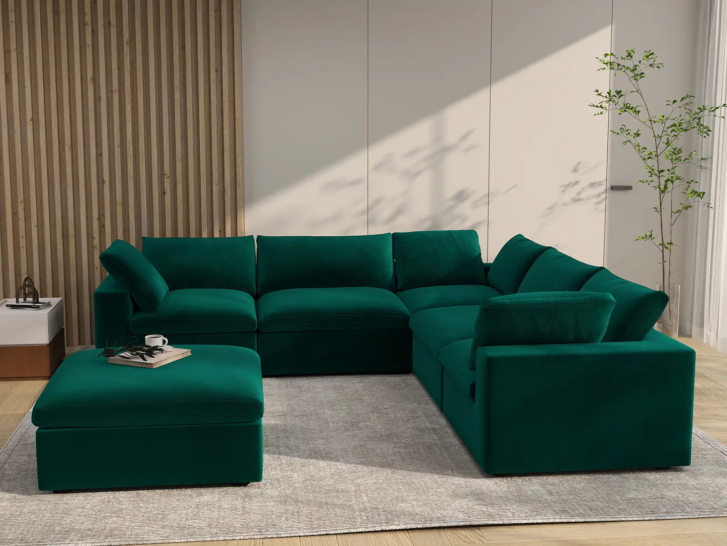 Deluxe Cloud 5-Seater Gem Green Sofa Set | 6-Piece (Includes 1 Ottoman), Velvet Fabric, Living Room, Washable Cushion Covers