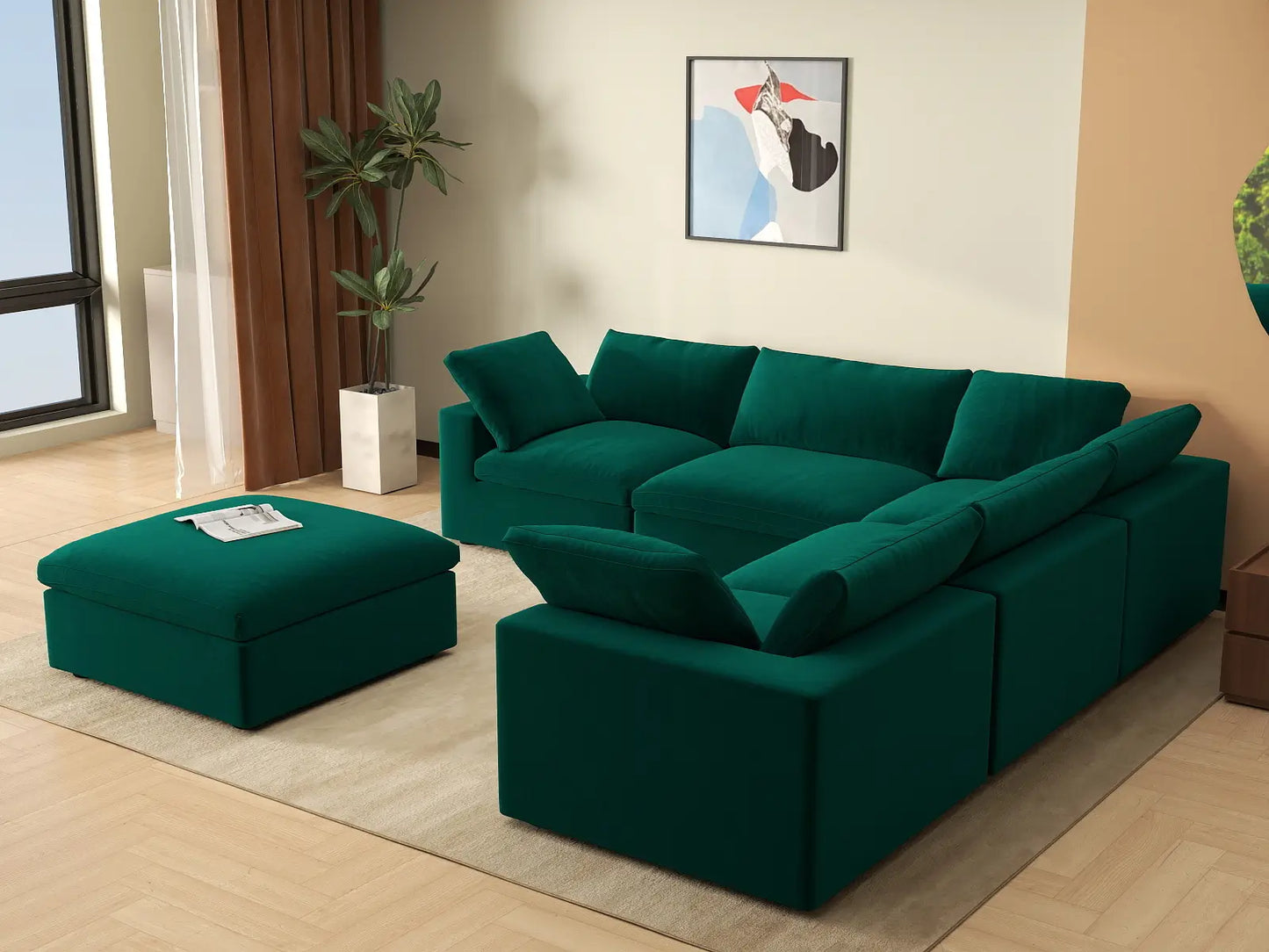 Deluxe Cloud 5-Seater Gem Green Sofa Set | 6-Piece (Includes 1 Ottoman), Velvet Fabric, Living Room, Washable Cushion Covers