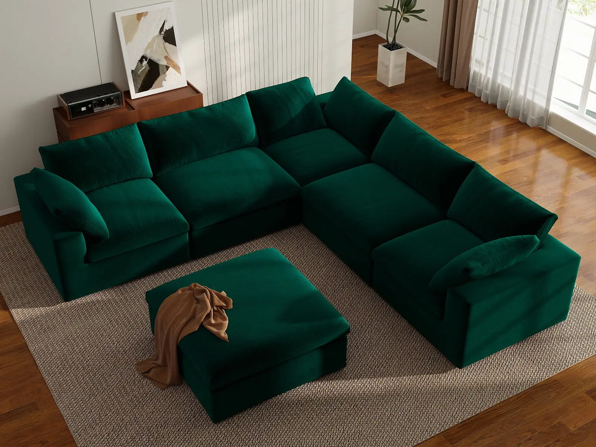 Deluxe Cloud 5-Seater Gem Green Sofa Set | 6-Piece (Includes 1 Ottoman), Velvet Fabric, Living Room, Washable Cushion Covers