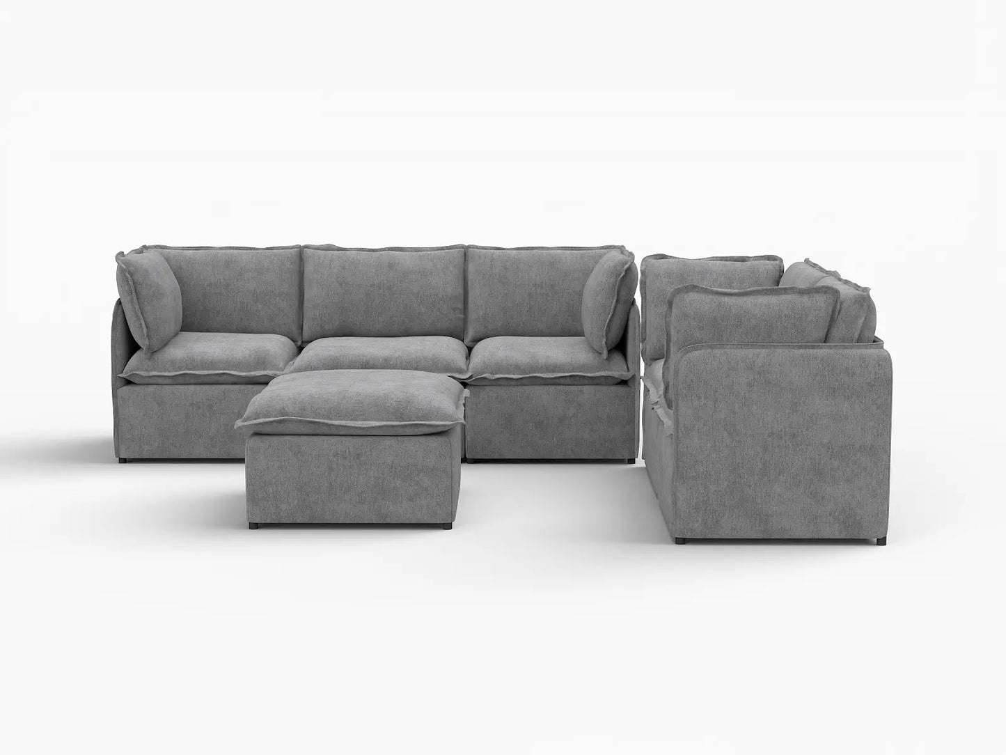 Deluxe Cloud 5-Seater Grey Large Space Sofa Set | 6-Piece (Includes 1 Ottoman), Linen Look Poly Fabric, Easy To Clean