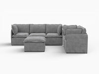 Deluxe Cloud 5-Seater Grey Large Space Sofa Set | 6-Piece (Includes 1 Ottoman), Linen Look Poly Fabric, Easy To Clean