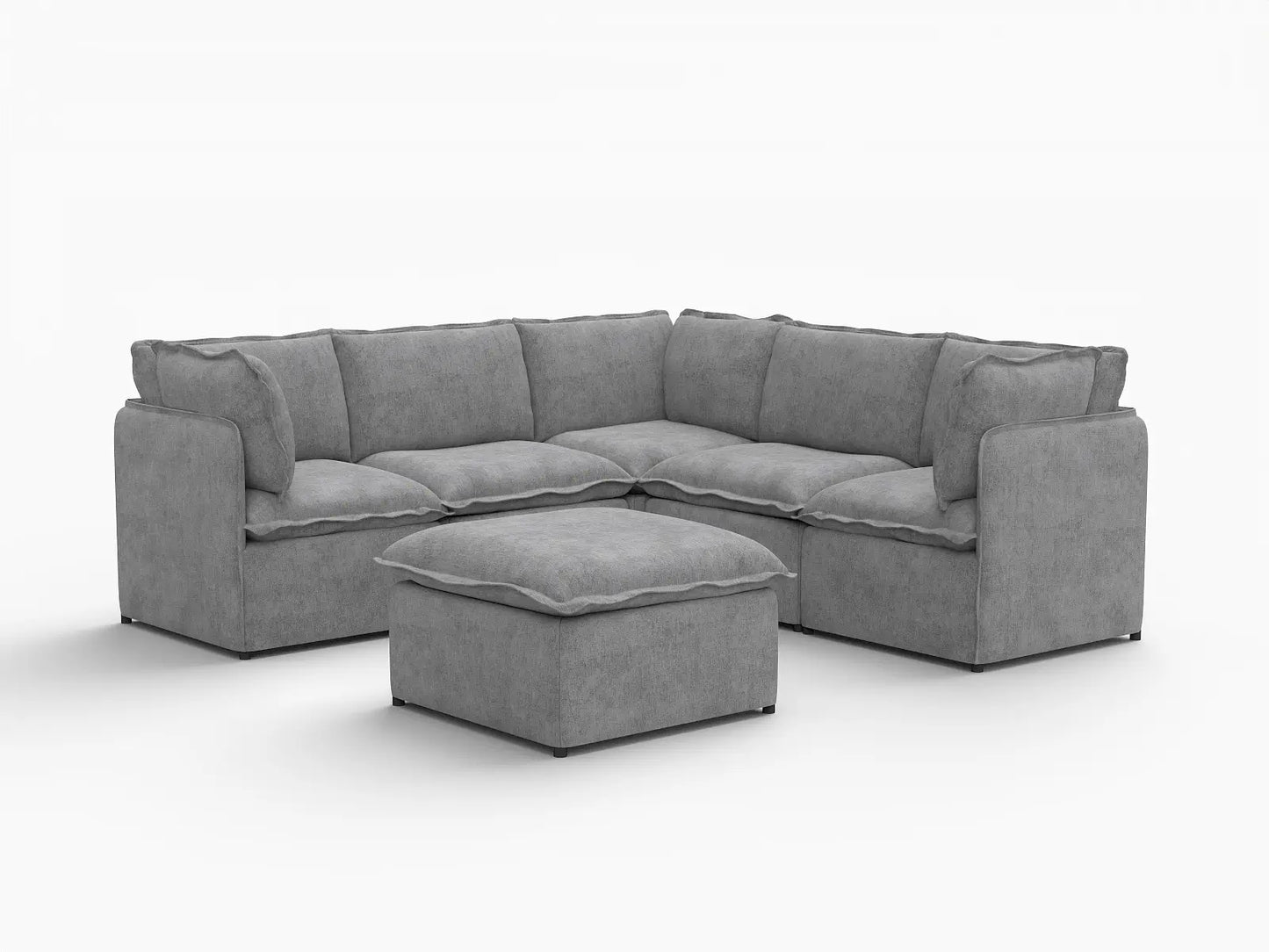 Deluxe Cloud 5-Seater Grey Large Space Sofa Set | 6-Piece (Includes 1 Ottoman), Linen Look Poly Fabric, Easy To Clean