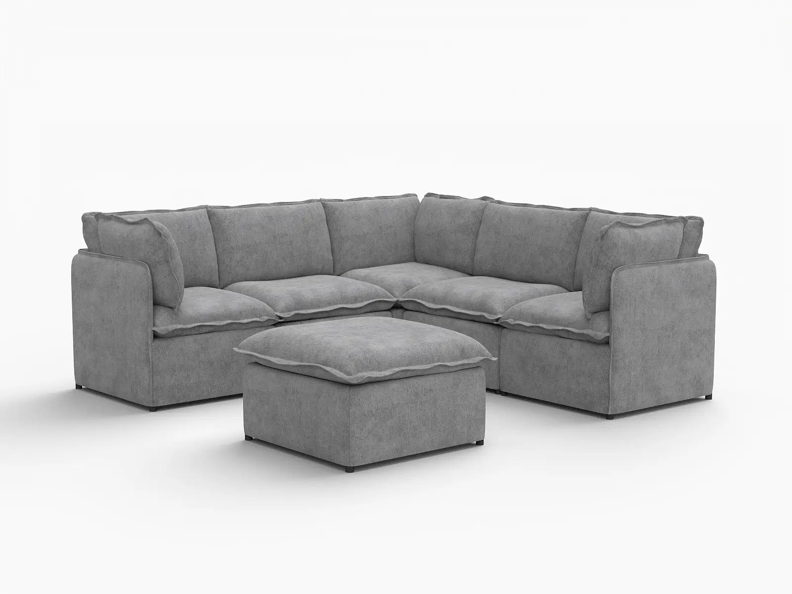 Deluxe Cloud 5-Seater Grey Large Space Sofa Set | 6-Piece (Includes 1 Ottoman), Linen Look Poly Fabric, Easy To Clean