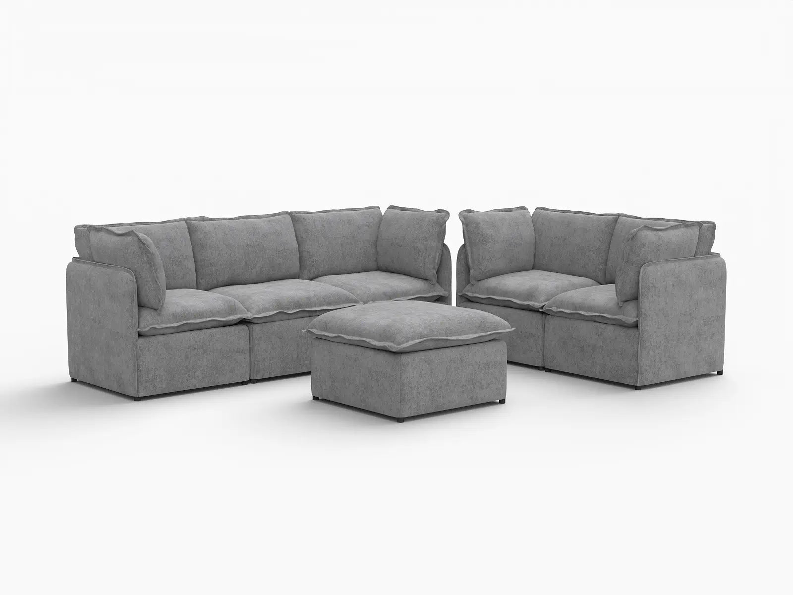Deluxe Cloud 5-Seater Grey Large Space Sofa Set | 6-Piece (Includes 1 Ottoman), Linen Look Poly Fabric, Easy To Clean