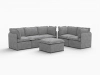 Deluxe Cloud 5-Seater Grey Large Space Sofa Set | 6-Piece (Includes 1 Ottoman), Linen Look Poly Fabric, Easy To Clean