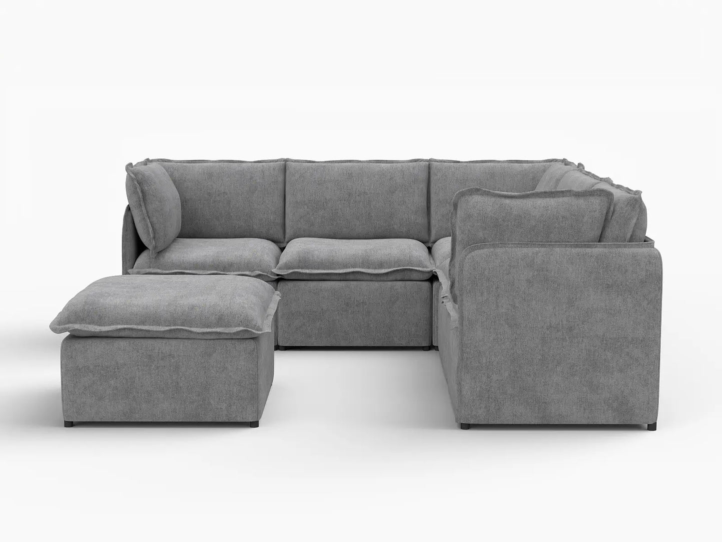 Deluxe Cloud 5-Seater Grey Large Space Sofa Set | 6-Piece (Includes 1 Ottoman), Linen Look Poly Fabric, Easy To Clean