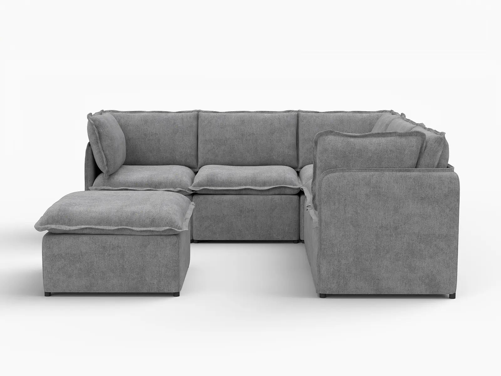 Deluxe Cloud 5-Seater Grey Large Space Sofa Set | 6-Piece (Includes 1 Ottoman), Linen Look Poly Fabric, Easy To Clean