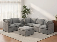 Deluxe Cloud 5-Seater Grey Large Space Sofa Set | 6-Piece (Includes 1 Ottoman), Linen Look Poly Fabric, Easy To Clean