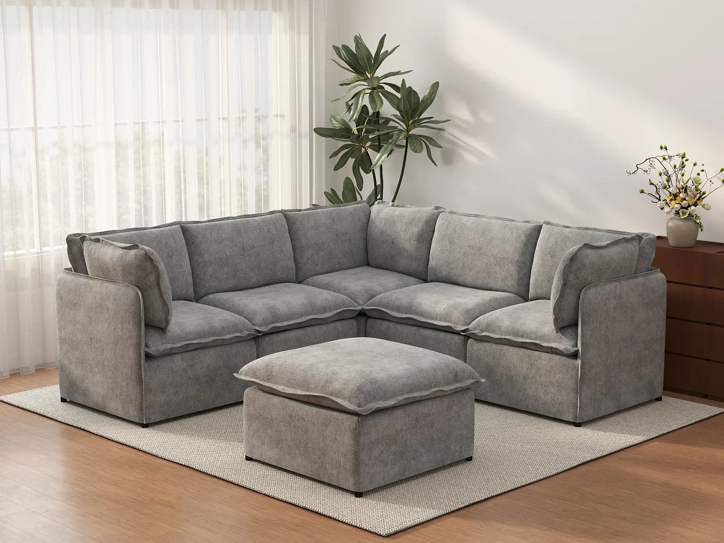 Deluxe Cloud 5-Seater Grey Large Space Sofa Set | 6-Piece (Includes 1 Ottoman), Linen Look Poly Fabric, Easy To Clean