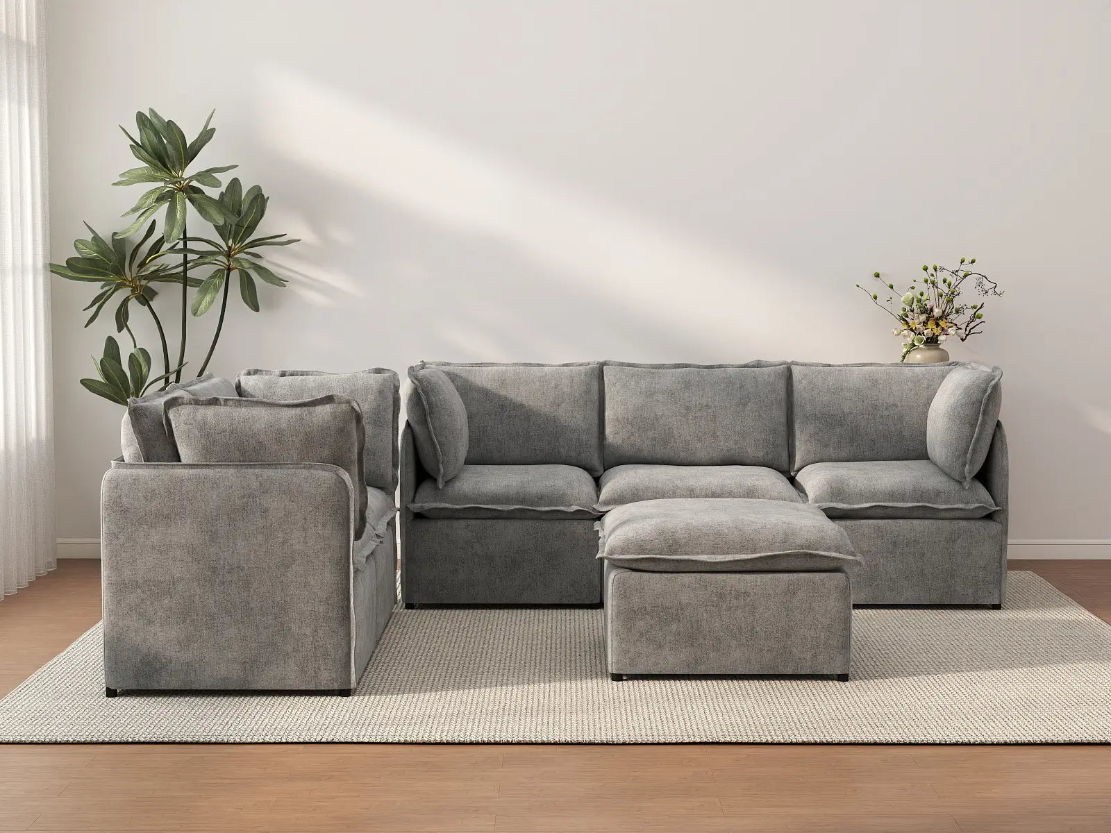 Deluxe Cloud 5-Seater Grey Large Space Sofa Set | 6-Piece (Includes 1 Ottoman), Linen Look Poly Fabric, Easy To Clean