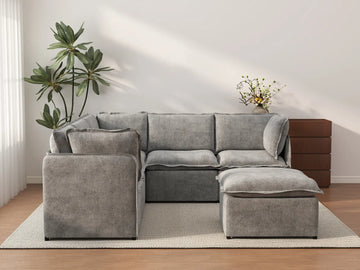 Deluxe Cloud 5-Seater Grey Large Space Sofa Set | 6-Piece (Includes 1 Ottoman), Linen Look Poly Fabric, Easy To Clean