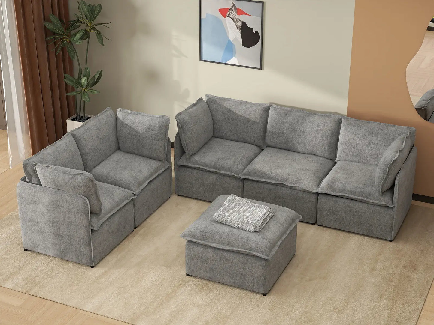 Deluxe Cloud 5-Seater Grey Large Space Sofa Set | 6-Piece (Includes 1 Ottoman), Linen Look Poly Fabric, Easy To Clean