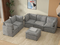 Deluxe Cloud 5-Seater Grey Large Space Sofa Set | 6-Piece (Includes 1 Ottoman), Linen Look Poly Fabric, Easy To Clean