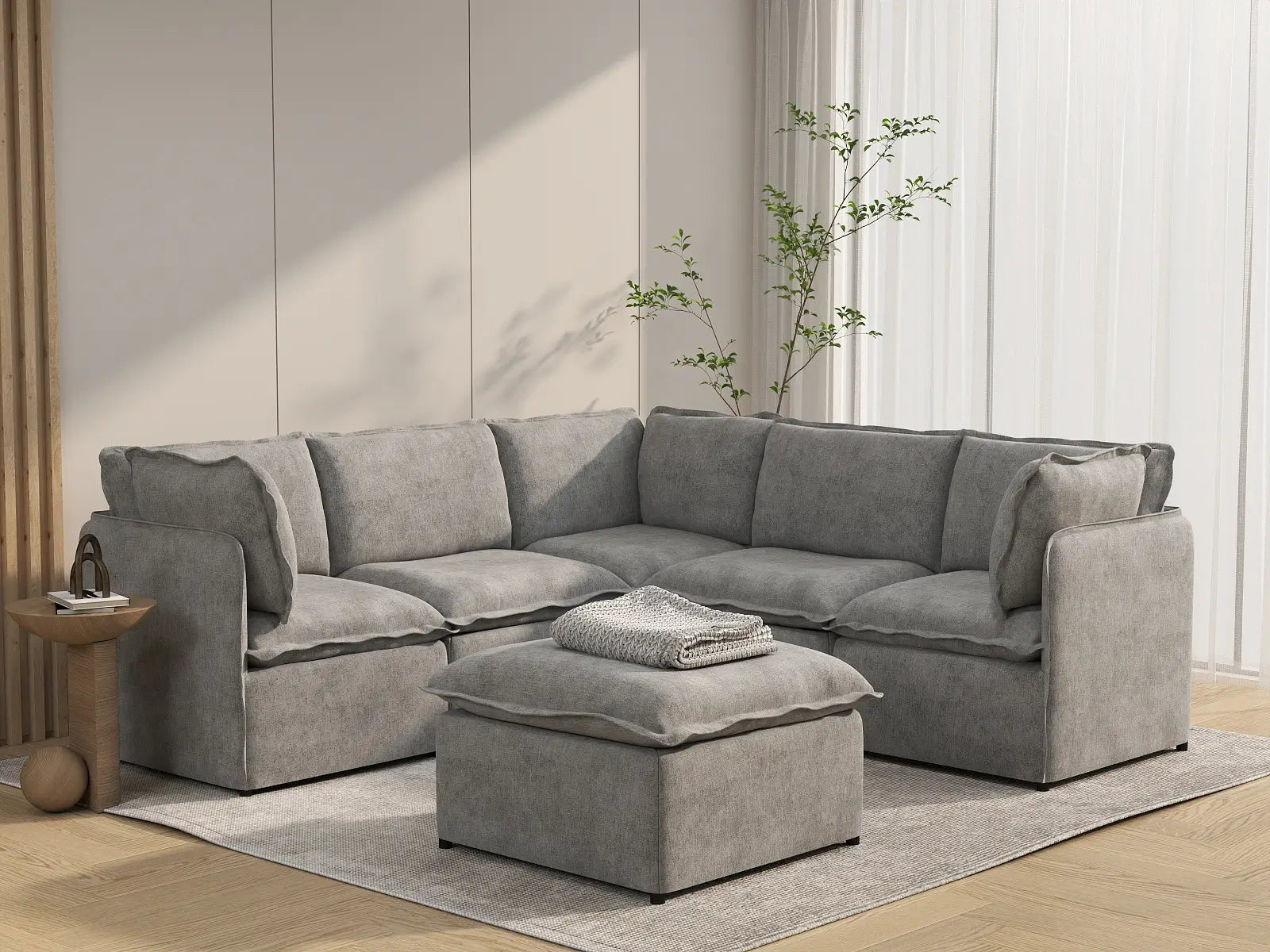 Deluxe Cloud 5-Seater Grey Large Space Sofa Set | 6-Piece (Includes 1 Ottoman), Linen Look Poly Fabric, Easy To Clean