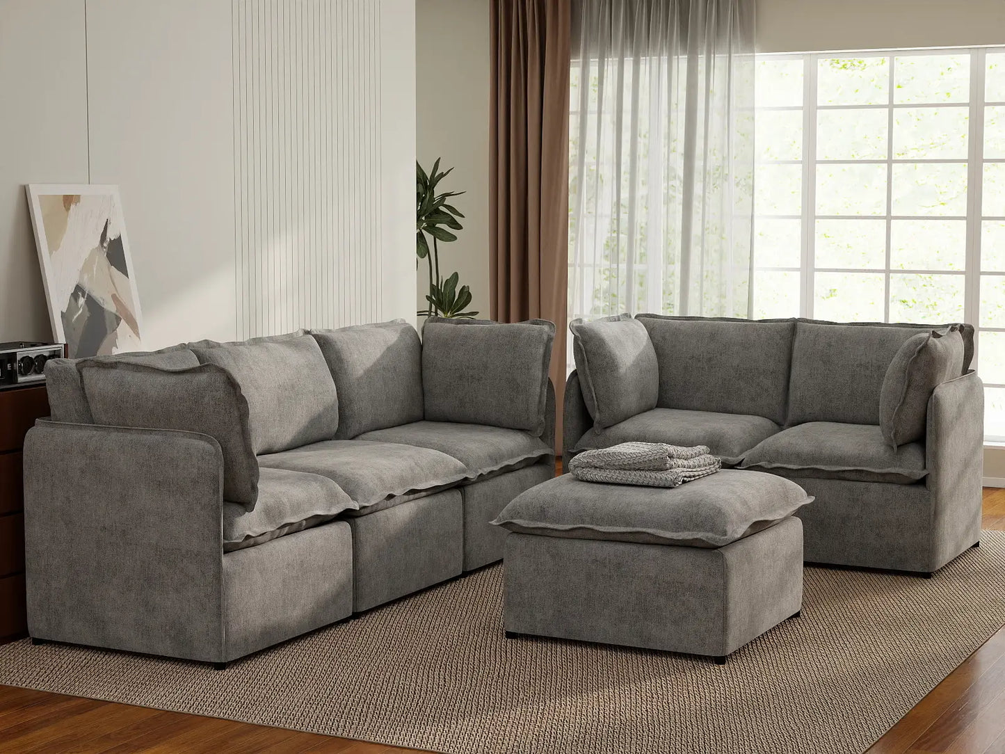 Deluxe Cloud 5-Seater Grey Large Space Sofa Set | 6-Piece (Includes 1 Ottoman), Linen Look Poly Fabric, Easy To Clean