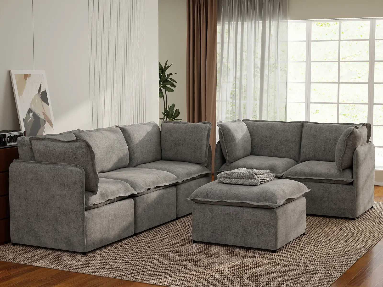 Deluxe Cloud 5-Seater Grey Large Space Sofa Set | 6-Piece (Includes 1 Ottoman), Linen Look Poly Fabric, Easy To Clean