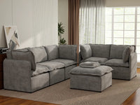 Deluxe Cloud 5-Seater Grey Large Space Sofa Set | 6-Piece (Includes 1 Ottoman), Linen Look Poly Fabric, Easy To Clean