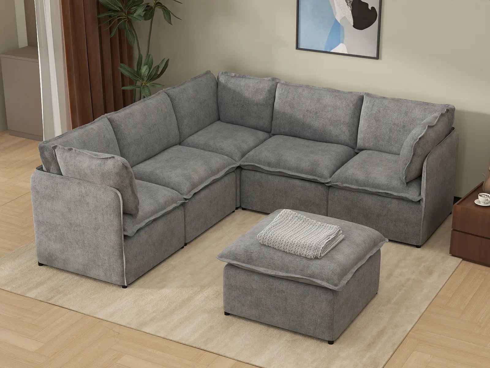 Deluxe Cloud 5-Seater Grey Large Space Sofa Set | 6-Piece (Includes 1 Ottoman), Linen Look Poly Fabric, Easy To Clean