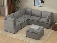 Deluxe Cloud 5-Seater Grey Large Space Sofa Set | 6-Piece (Includes 1 Ottoman), Linen Look Poly Fabric, Easy To Clean