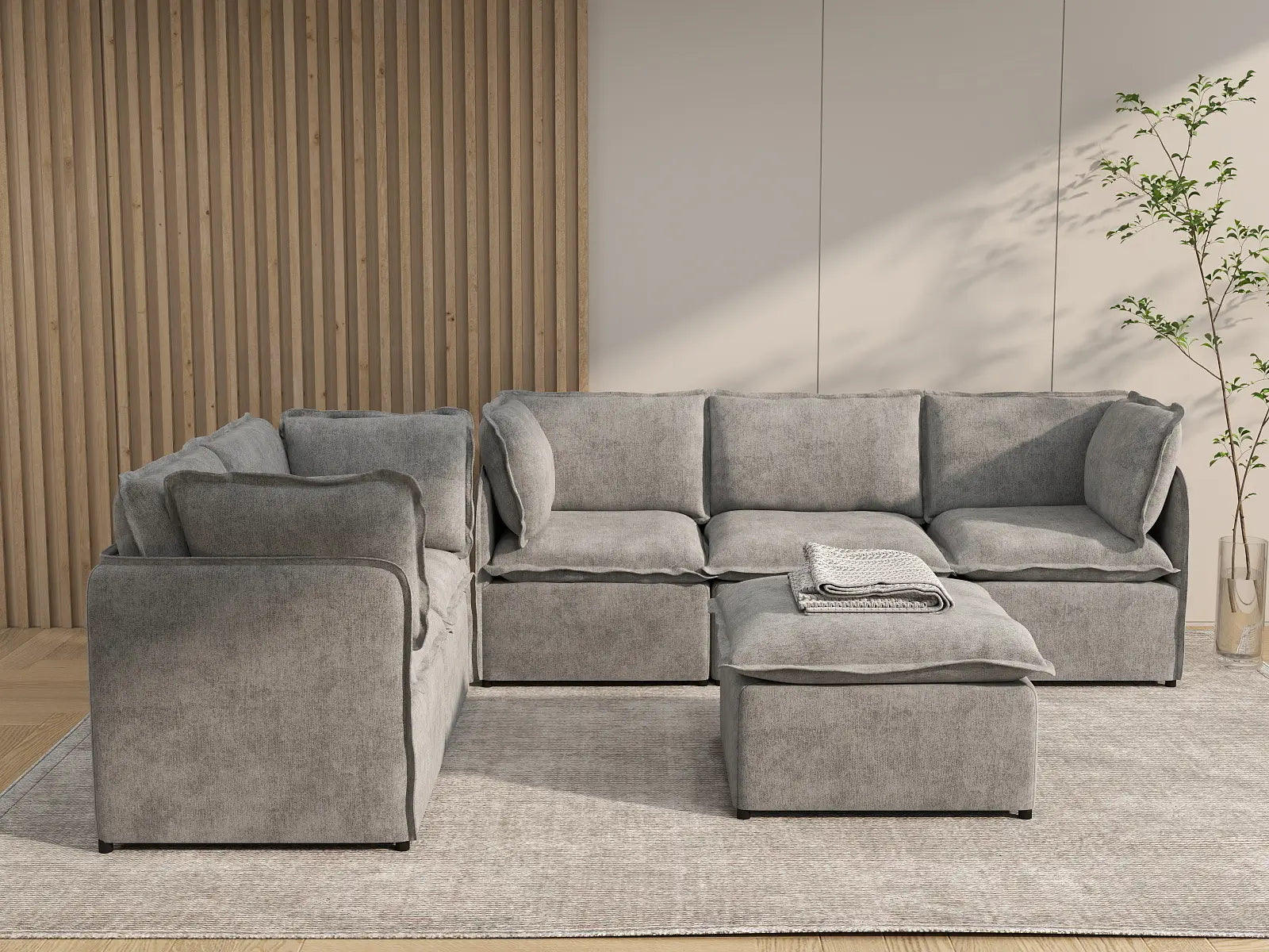 Deluxe Cloud 5-Seater Grey Large Space Sofa Set | 6-Piece (Includes 1 Ottoman), Linen Look Poly Fabric, Easy To Clean