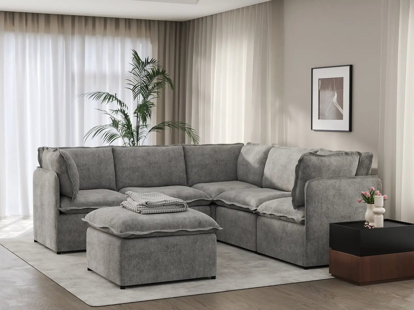 Deluxe Cloud 5-Seater Grey Large Space Sofa Set | 6-Piece (Includes 1 Ottoman), Linen Look Poly Fabric, Easy To Clean