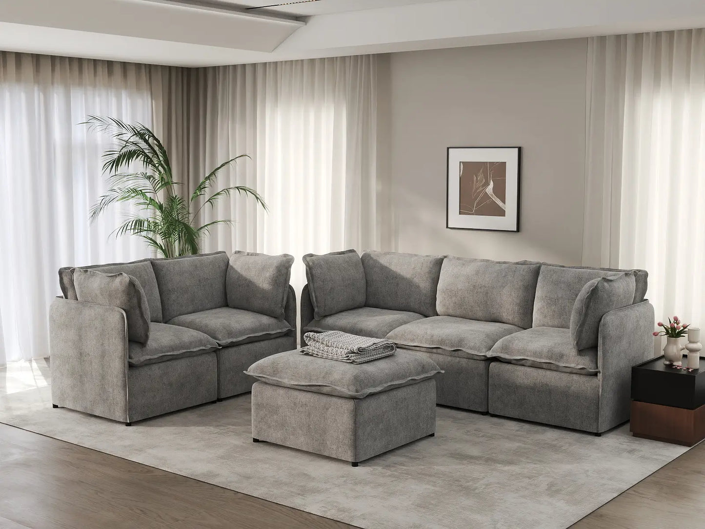 Deluxe Cloud 5-Seater Grey Large Space Sofa Set | 6-Piece (Includes 1 Ottoman), Linen Look Poly Fabric, Easy To Clean