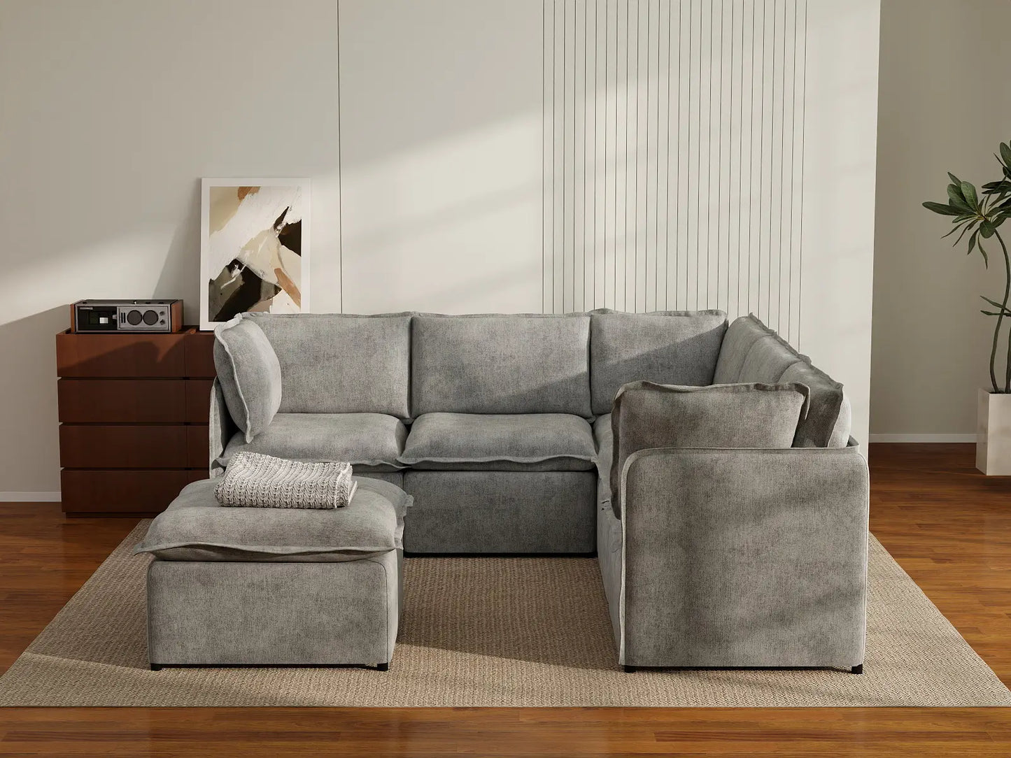 Deluxe Cloud 5-Seater Grey Large Space Sofa Set | 6-Piece (Includes 1 Ottoman), Linen Look Poly Fabric, Easy To Clean