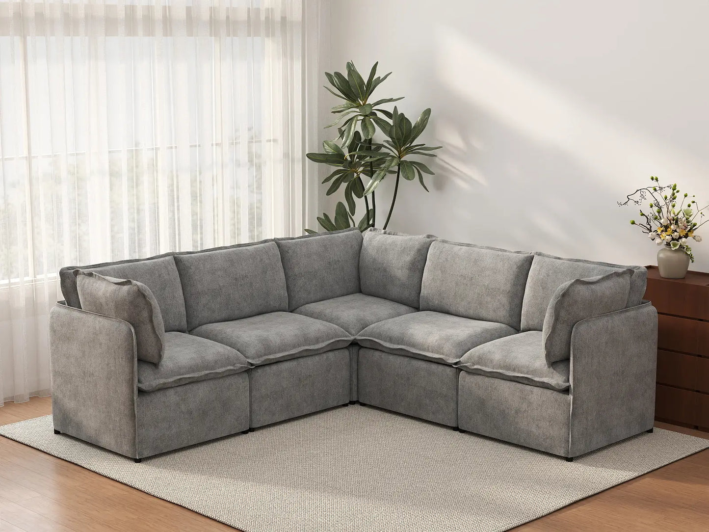 Deluxe Cloud 5-Seater Grey Large Space V-Shaped Sectional | 5-Piece, Linen Look Poly Fabric, Easy To Clean