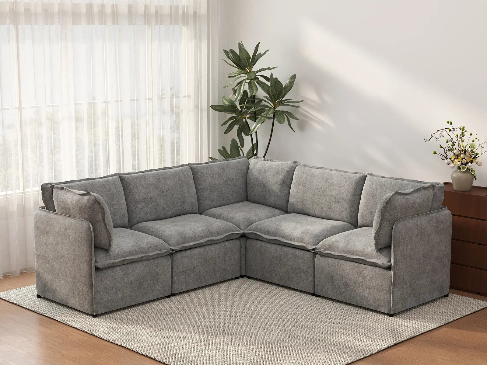 Deluxe Cloud 5-Seater Grey Large Space V-Shaped Sectional | 5-Piece, Linen Look Poly Fabric, Easy To Clean