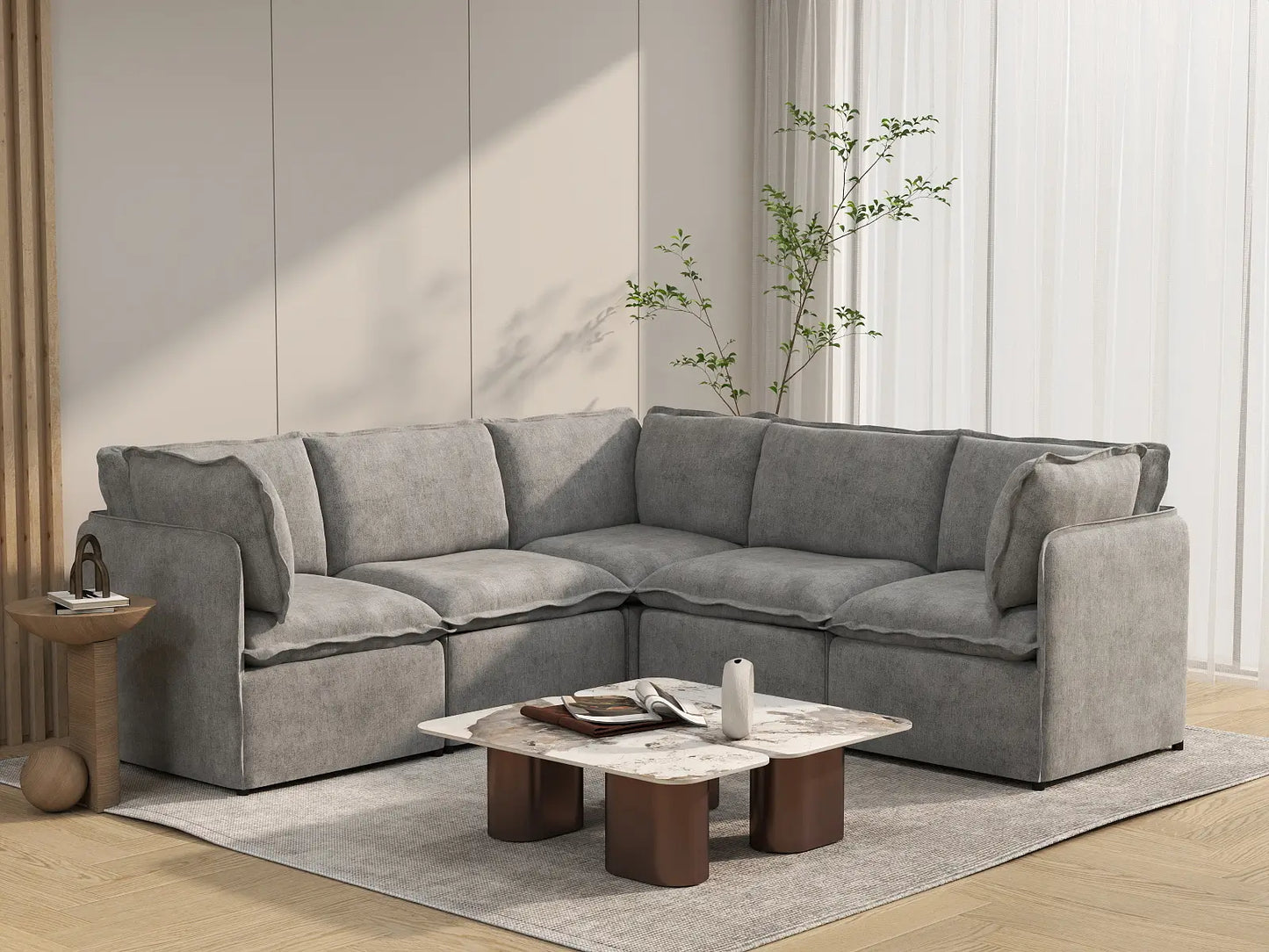 Deluxe Cloud 5-Seater Grey Large Space V-Shaped Sectional | 5-Piece, Linen Look Poly Fabric, Easy To Clean