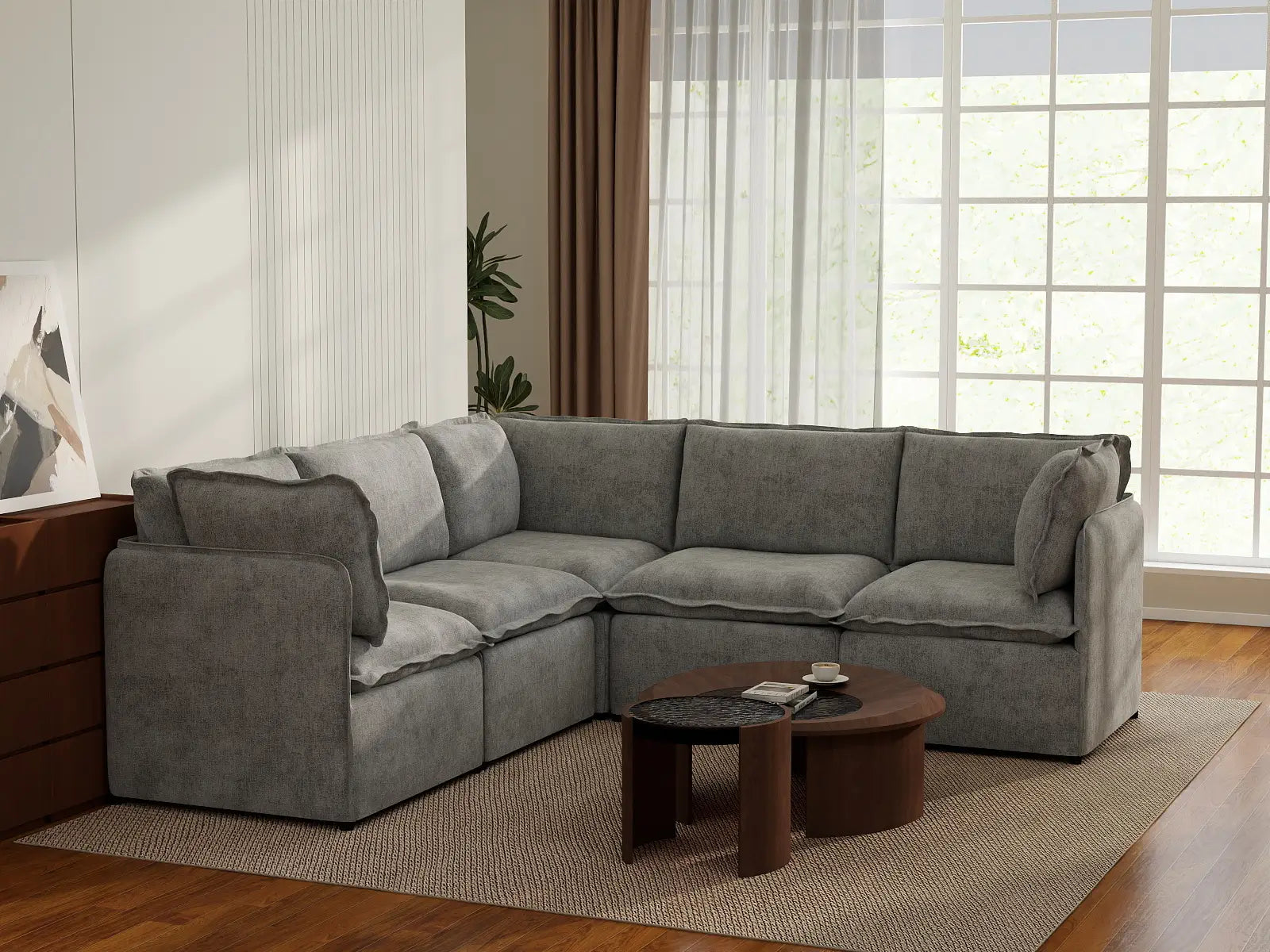 Deluxe Cloud 5-Seater Grey Large Space V-Shaped Sectional | 5-Piece, Linen Look Poly Fabric, Easy To Clean