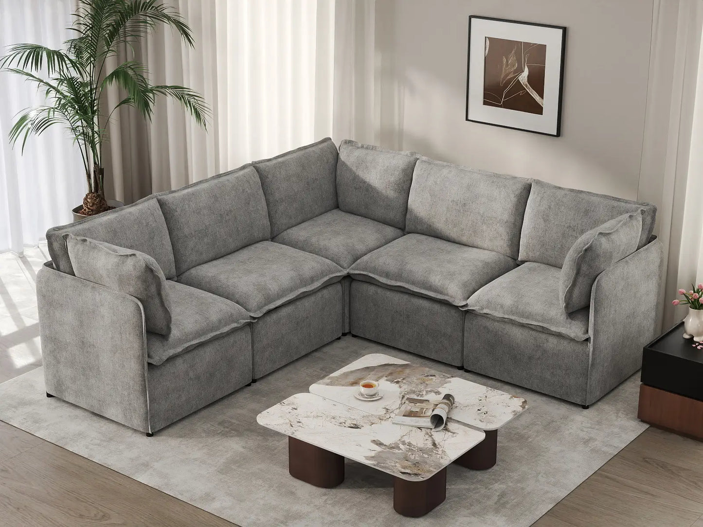 Deluxe Cloud 5-Seater Grey Large Space V-Shaped Sectional | 5-Piece, Linen Look Poly Fabric, Easy To Clean