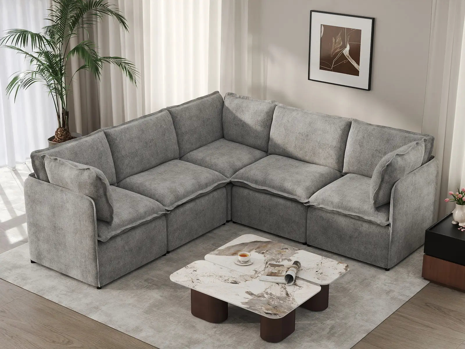 Deluxe Cloud 5-Seater Grey Large Space V-Shaped Sectional | 5-Piece, Linen Look Poly Fabric, Easy To Clean